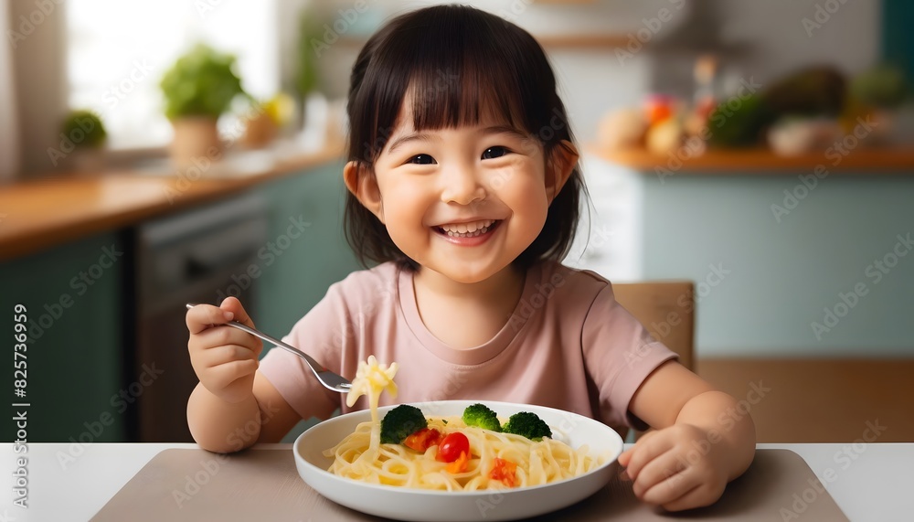 A cheerful Asian child with a different hairstyle, smiling and enjoying a plate of pasta A cheerful Asian child with a different hairstyle, smiling and enjoying a plate of pasta