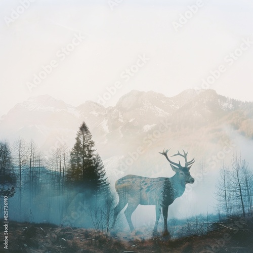 Mystical Mountain Layers  Double Exposure Silhouette of Deer in Ethereal Fog Blanket  Mysterious Nature Aesthetic