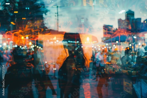 Vibrant Night Market: Double Exposure Silhouette of Colorful Vendor Stalls and Bustling Shoppers