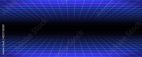 Glowing neon wireframe background. Blue shining checkered grid planes in perspective. Bright retro futuristic horizon wallpaper. Arcade game sci fi matrix surface. Vector backdrop for poster, banner