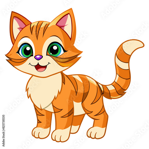 A cheerful and cute orange cat with green eyes, big ears, and a happy expression, standing confidently on its four legs, exuding charm and playfulness.