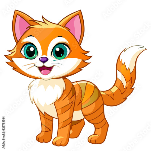 A cheerful and cute orange cat with green eyes, big ears, and a happy expression, standing confidently on its four legs, exuding charm and playfulness.