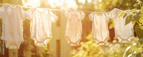 Baby clothes hanging on a line in sunlight. photo