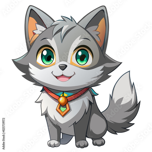 A joyful grey cat with big green eyes and orange highlights  sitting contentedly with a cheerful smile  embodying cuteness and friendliness.