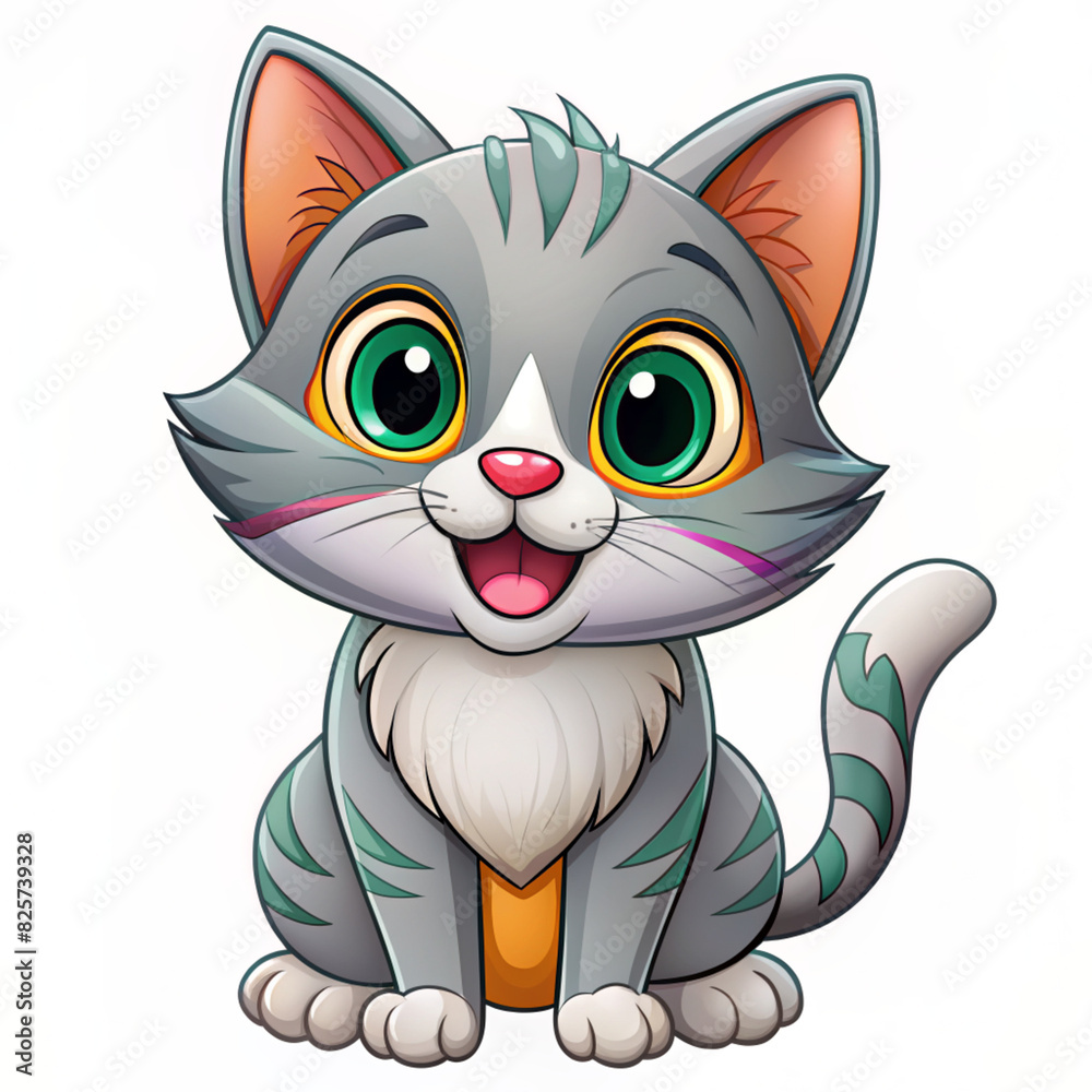 Fototapeta premium A joyful grey cat with big green eyes and orange highlights, sitting contentedly with a cheerful smile, embodying cuteness and friendliness.