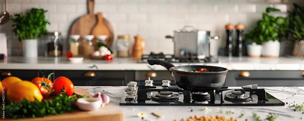 home kitchen scene with an array of fresh ingredients and cookware on the countertop
