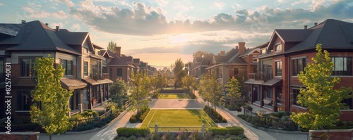 Warm sunset light bathes a suburban neighborhood, creating a cozy, welcoming, and homely scene. photo