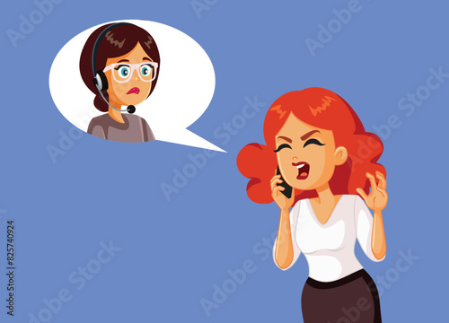 Woman Fighting with Call Center Operator on the Phone Vector Cartoon. Unhappy customer yelling at telemarketing worker 
