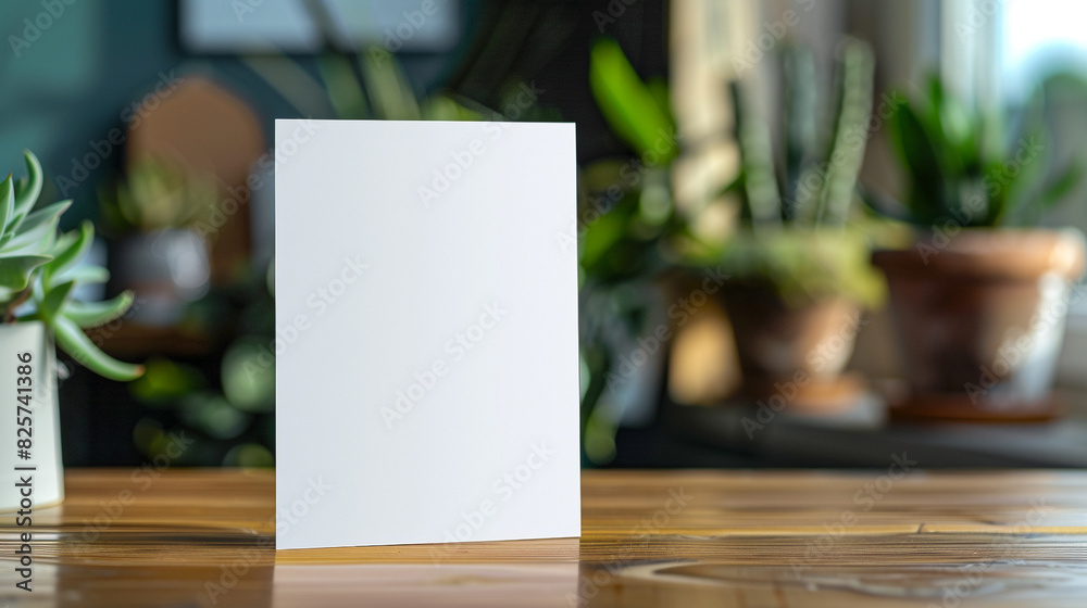 Blank white card standing on a wooden table with blurred green plants in the background. Blank white card standing on a wooden table with blurred green plants in the background.