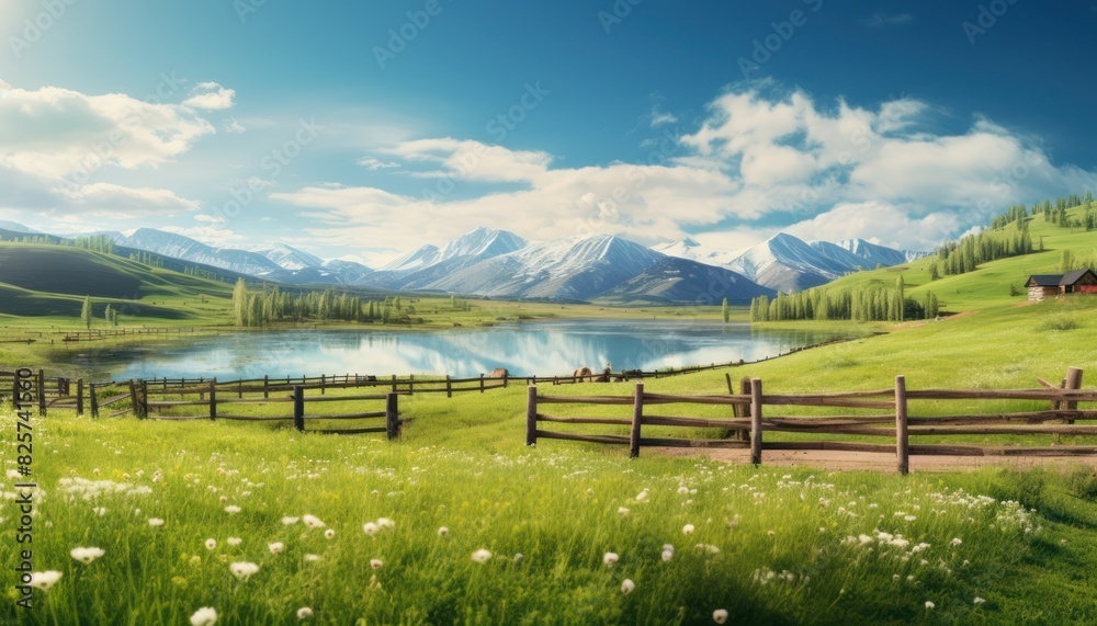 Fototapeta premium A stunning spring day landscaping views of fertile land surrounded beautiful green vegetation, wide stretches of hills and mountains with clear skies in spring