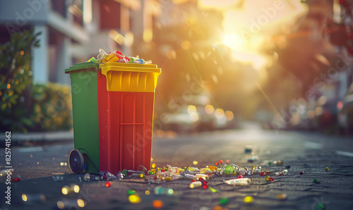 Colorful trash bin overflowing with plastic bottles and waste on a city street, symbolizing pollution. photo