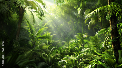 Sunlight filtering through the dense canopy of a lush jungle  creating a mystical and serene atmosphere.