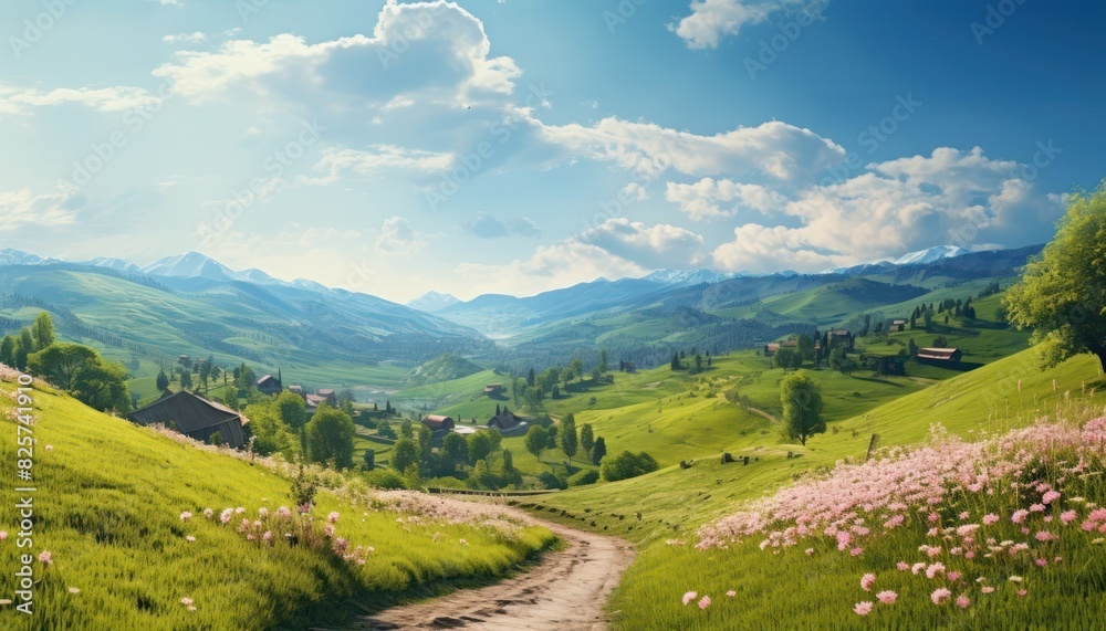 A stunning spring day landscaping views of fertile land surrounded beautiful green vegetation, wide stretches of hills and mountains with clear skies in spring A stunning spring day landscaping views of fertile land surrounded beautiful green vegetation, wide stretches of hills and mountains with clear skies in spring
