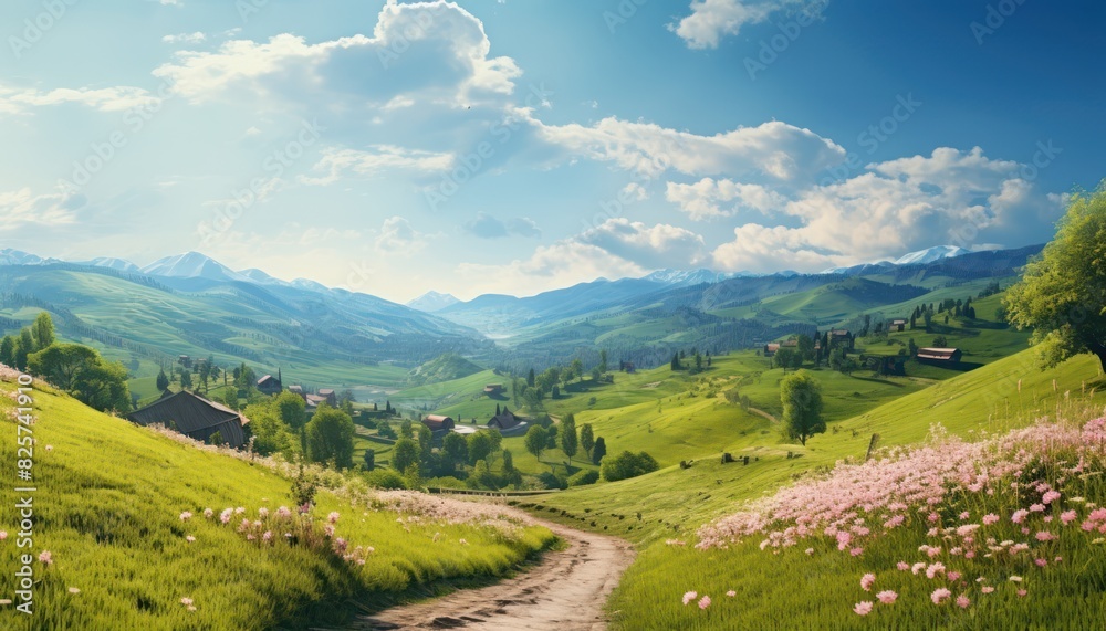 A stunning spring day landscaping views of fertile land surrounded beautiful green vegetation, wide stretches of hills and mountains with clear skies in spring