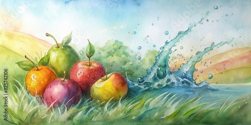 Fresh fruit with water splashes on a grassy hill background photo