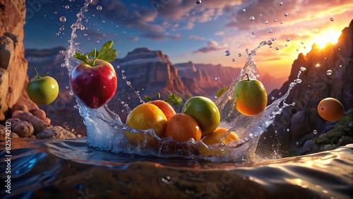 Close up of fresh fruit splashing in water with a canyon background photo