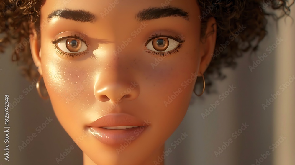 Naklejka premium Portrait of a young woman with curly hair showing warmth for beauty marketing or branding.
