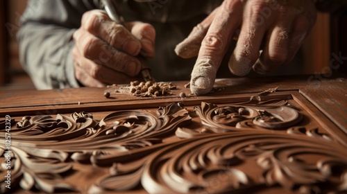 A closeup shot of a craftsman meticulously carving intricate designs into dark mahogany paneling for the study.