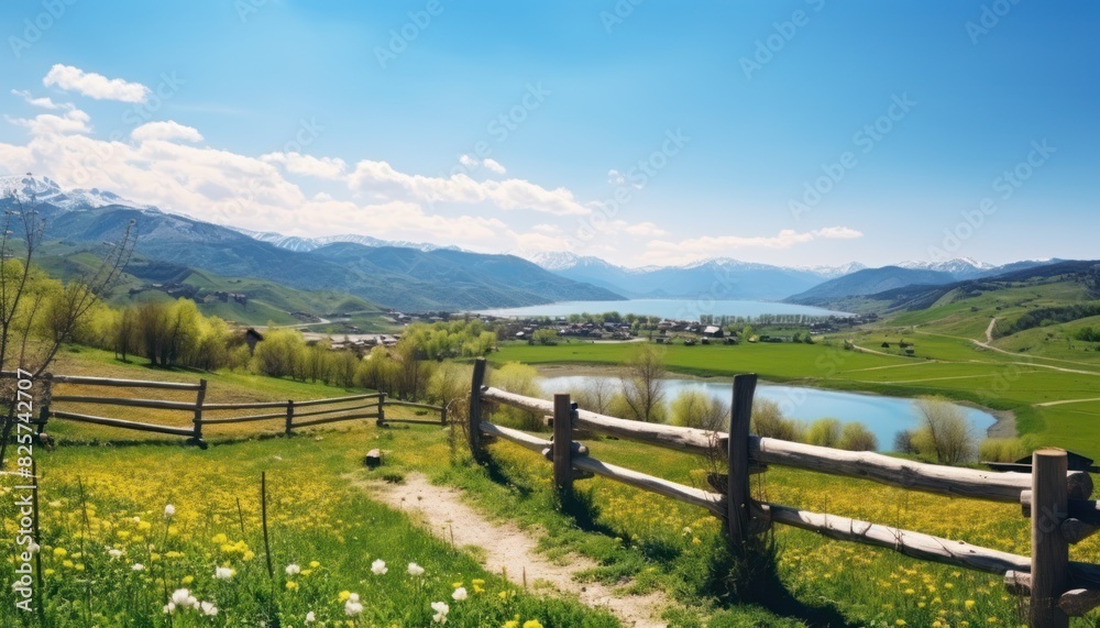 A stunning spring day landscaping views of fertile land surrounded beautiful green vegetation, wide stretches of hills and mountains with clear skies in spring