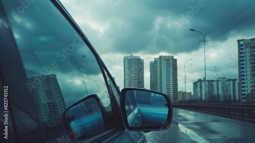 Wiping a car mirror on a cloudy day, reflecting a clean, futuristic world with sustainable architecture and renewable energy