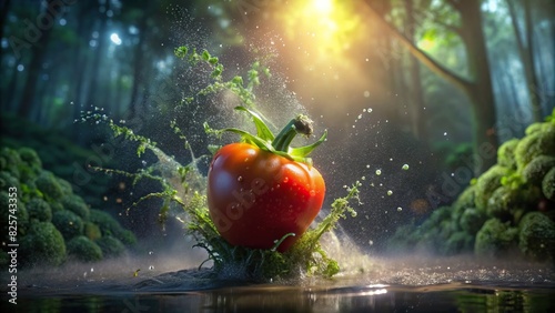 Close up of a fresh vegetable being splashed with water against a forest background photo
