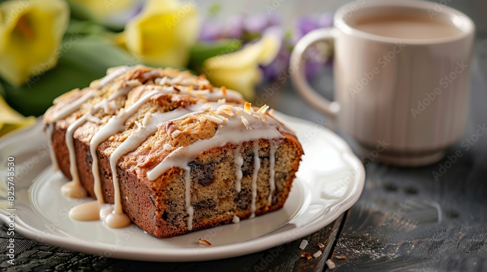 A plate of warm banana bread drizzled with a creamy coconut glaze and served with a cup of creamy earl grey tea. A plate of warm banana bread drizzled with a creamy coconut glaze and served with a cup of creamy earl grey tea.