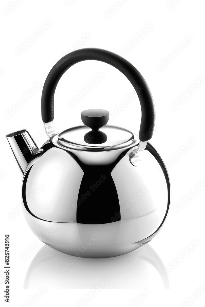 A sleek silver tea kettle with a black handle and spout, ideal for boiling water