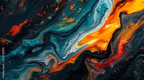 Vibrant abstract paint swirls in bold colors, showcasing a stunning mix of blue, orange, and red tones with intricate details.