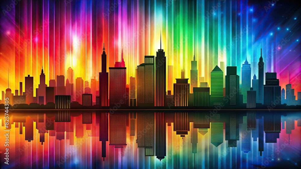 Abstract city skyline silhouette against a colorful backdrop