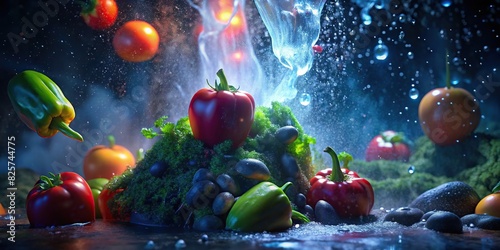 Close up of fresh vegetables being splashed with water in front of a geyser background photo