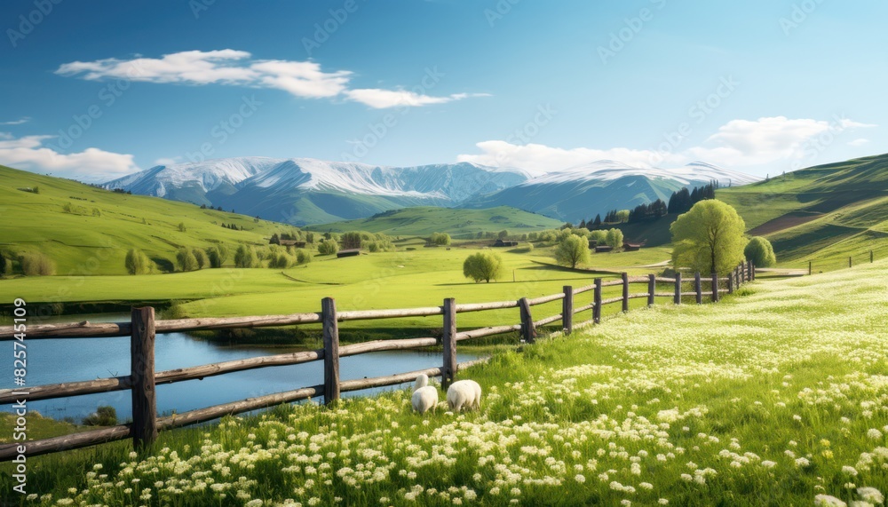 A stunning spring day landscaping views of fertile land surrounded beautiful green vegetation, wide stretches of hills and mountains with clear skies in spring