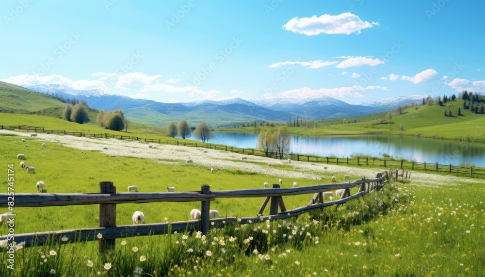 A stunning spring day landscaping views of fertile land surrounded beautiful green vegetation, wide stretches of hills and mountains with clear skies in spring