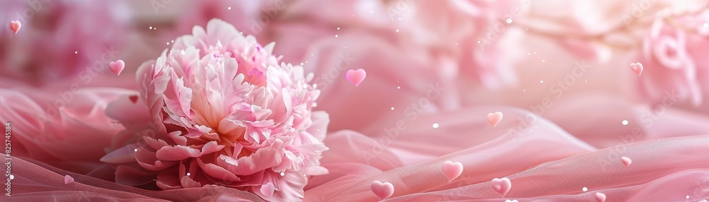 Pink peony adorned with charming hearts set against a soft pink backdrop Pink peony adorned with charming hearts set against a soft pink backdrop