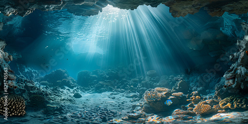 A blue ocean with the sun shining through the water. A Cave Filled With Lots of Water and Rocks

 photo