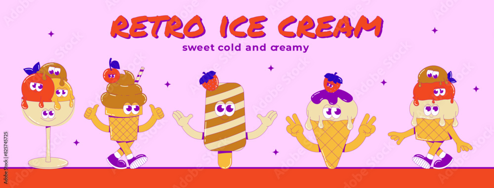Funky different ice cream mascot with cute faces, feets and hands. Funny character dessert banner in groovy style. Vector surrealism illustration in bright colors