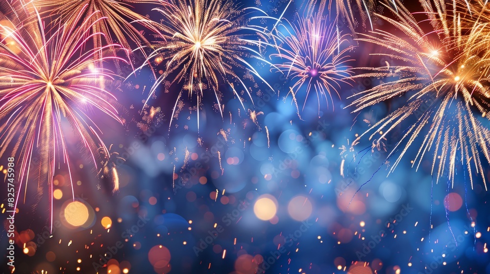 Naklejka premium Stunning fireworks display, multicolored explosions, Happy New Year banner, eye-catching design, festive celebration, sparkling details