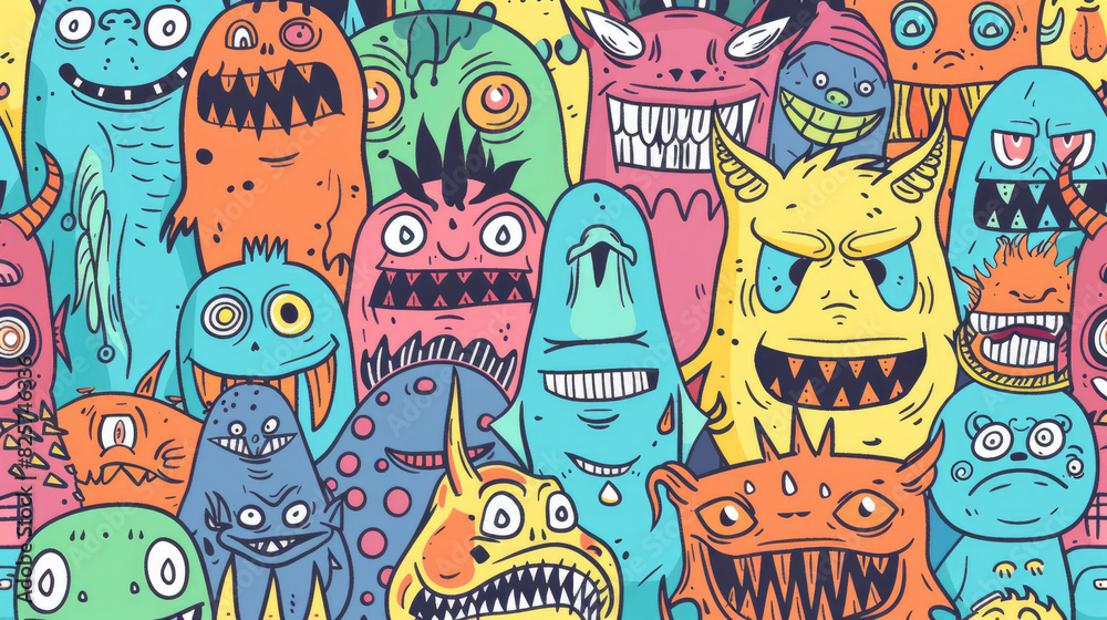 Fototapeta premium Angry Cute Monster Doodles in Bright Colors