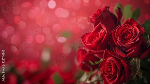Soft focus on a red rose bouquet against a vivid red background  creating a dreamy Valentine s Day banner with romantic appeal