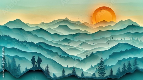 Paper cut art of a couple sitting on a hill overlooking a valley with coffee and a tent in the background