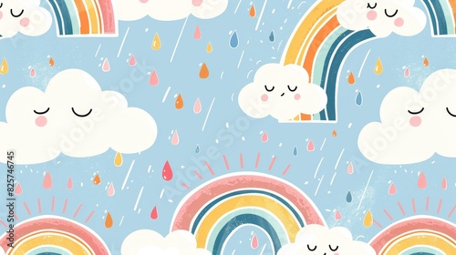 Seamless sky pattern with hand-drawn rainbows, soft pastel colors, playful rain drops scattered throughout, cheerful and vibrant