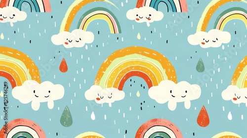 Seamless sky pattern with hand-drawn rainbows, soft pastel colors, playful rain drops scattered throughout, cheerful and vibrant