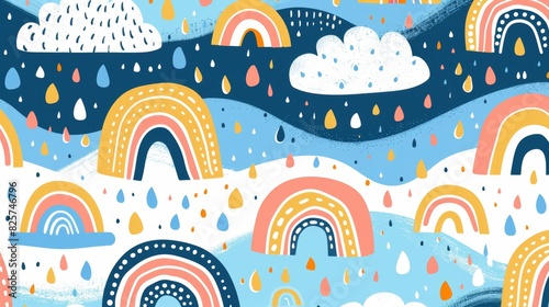 Seamless sky background, hand-drawn whimsical rainbows and rain drops, bright and happy, ideal for children's themes