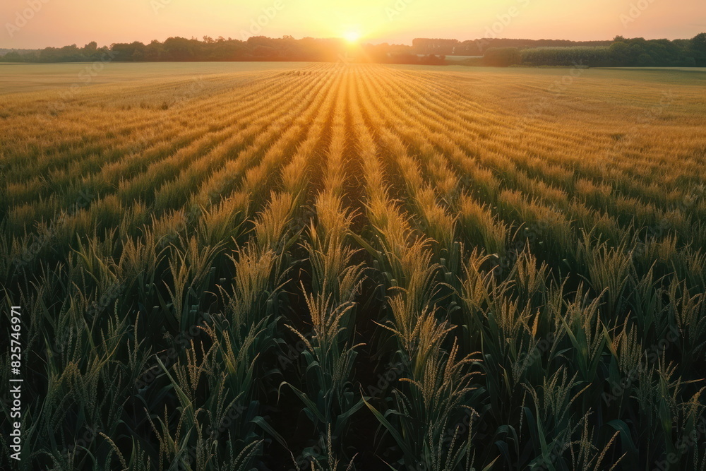top view of corn field with sunset background, landscape, natural farm