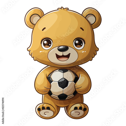 A cute cartoon teddy bear with a soccer ball, smiling and sitting isolated, perfect for baby illustrations and fun art
