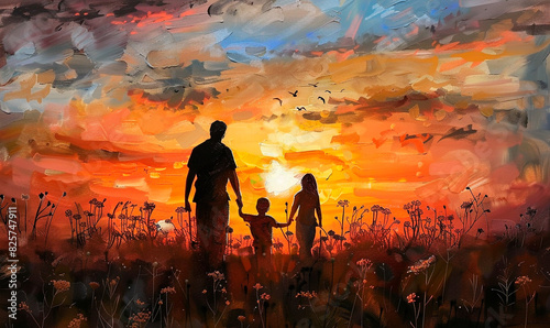 Artistic painting of a family holding hands at sunset, creating a warm and sentimental celebration of togetherness photo