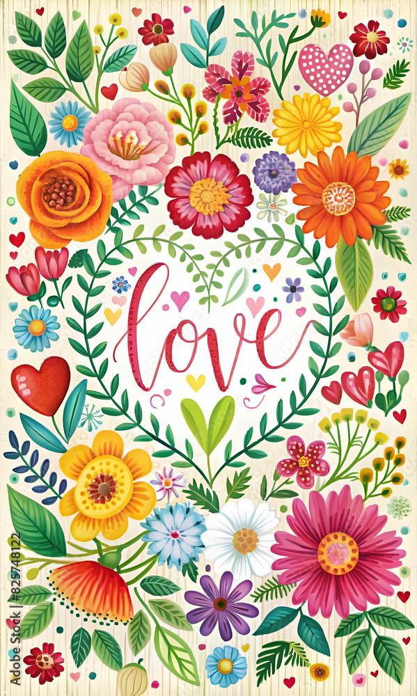 A unique and diverse greeting card template that captures the essence of love and friendship through a visually descriptive colors rendering, featuring delicate florals and whimsical calligraphy.