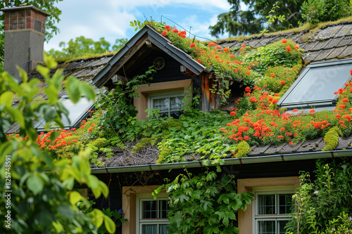 Eco-friendly home with living roof: Close-up of a house featuring a roof covered in vegetation. © Degimages