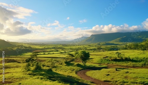 A stunning spring day landscaping views of fertile land surrounded beautiful green vegetation  wide stretches of hills and mountains with clear skies in spring