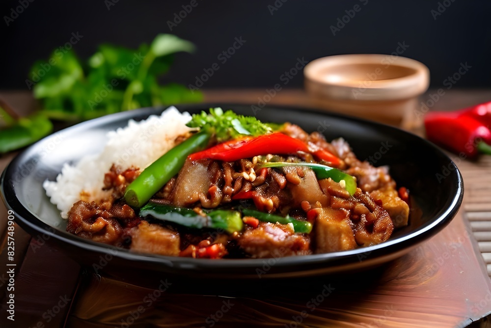 Stir-fried minced pork with onion, pepper and steamed rice (Thai food) Stir-fried minced pork with onion, pepper and steamed rice (Thai food)