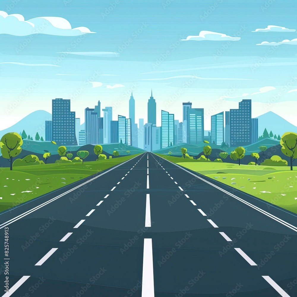 Fototapeta premium Cartoon highway. Empty road with city skyline on horizon and nature landscape, highway view